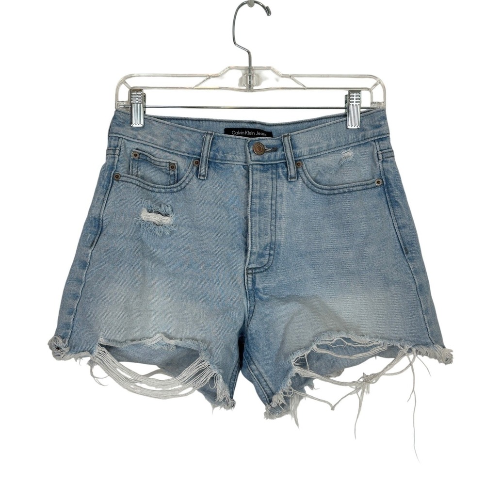 Calvin Klein Distressed Denim Shorts Women 26 Blue High Rise Frayed Cutoff